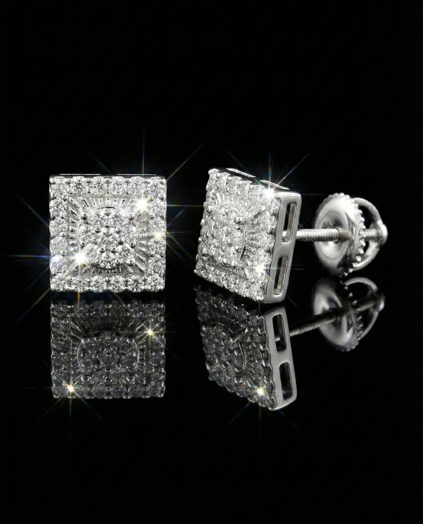 Square Rays Design Stud Moissanite Earrings