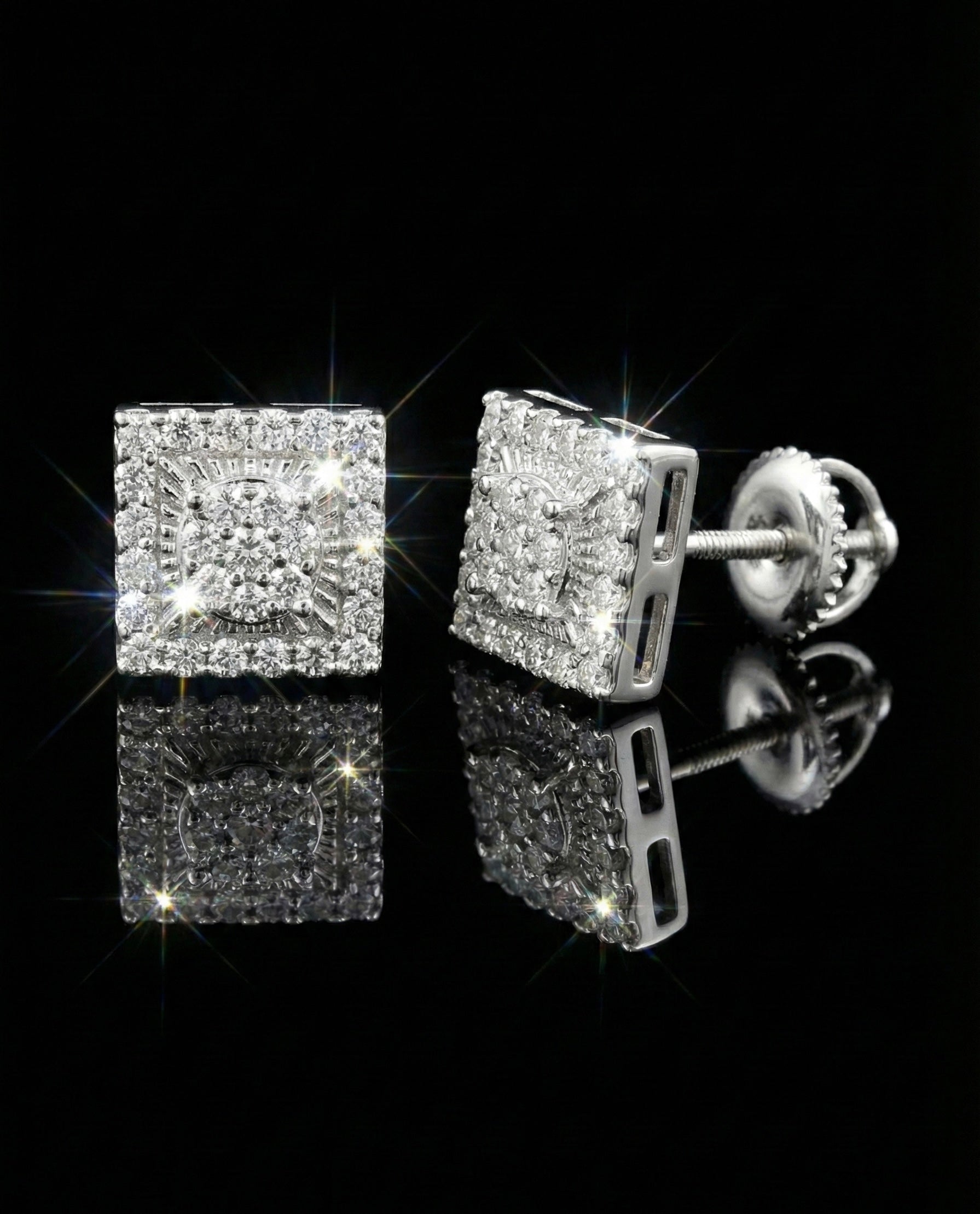 Square Rays Design Stud Moissanite Earrings