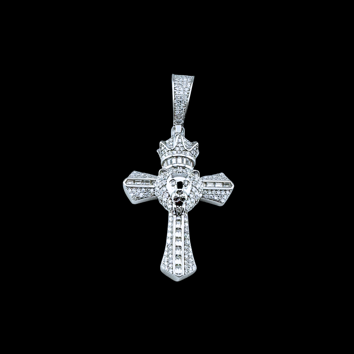 Moissanite in 18K White Gold Over Sterling Silver Crowned Lion Cross Pendant