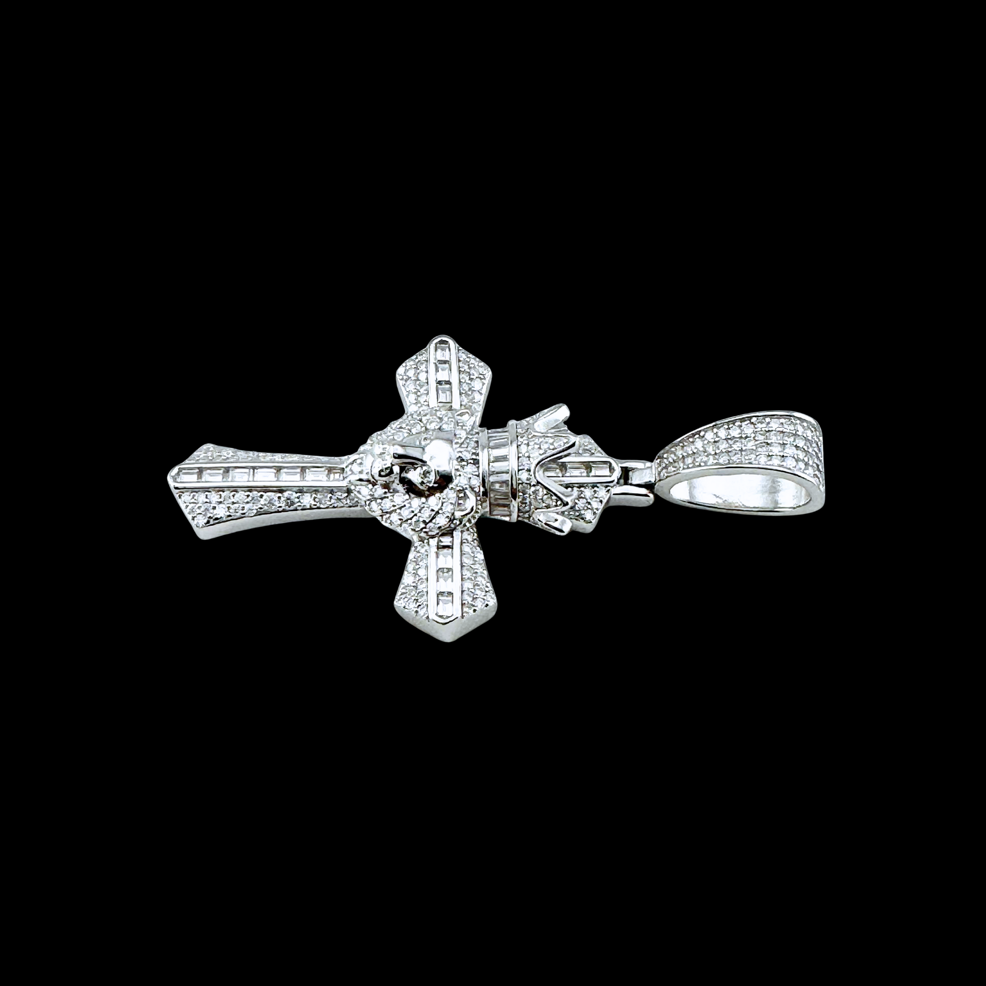 Moissanite in 18K White Gold Over Sterling Silver Crowned Lion Cross Pendant