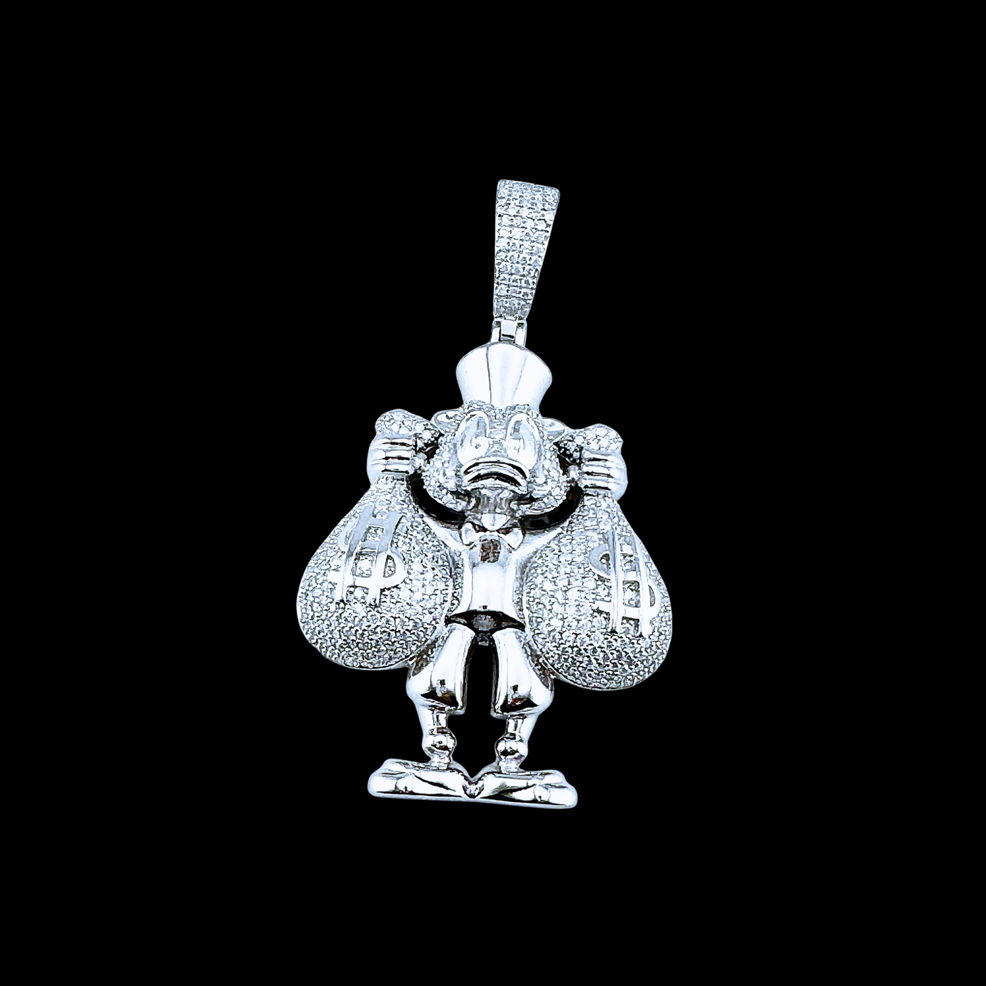 Moissanite in 18K White Gold Over Sterling Silver Duck with Money Bag Pendant