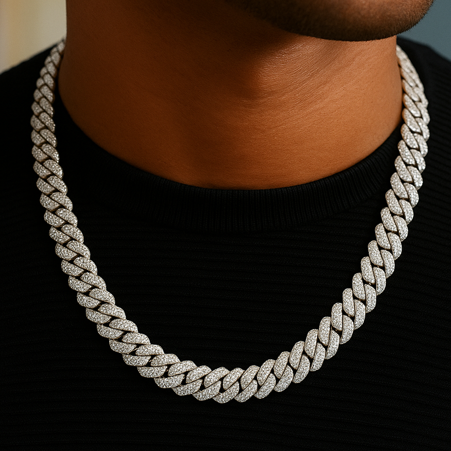 Moissanite in 18K White Gold Over Sterling Silver 14MM Miami Cuban Chain Necklace