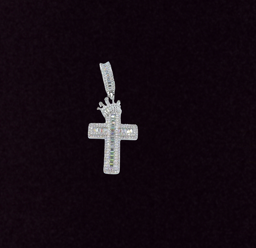 925 Sterling Silver and Moissanite Crown Cross Pendant