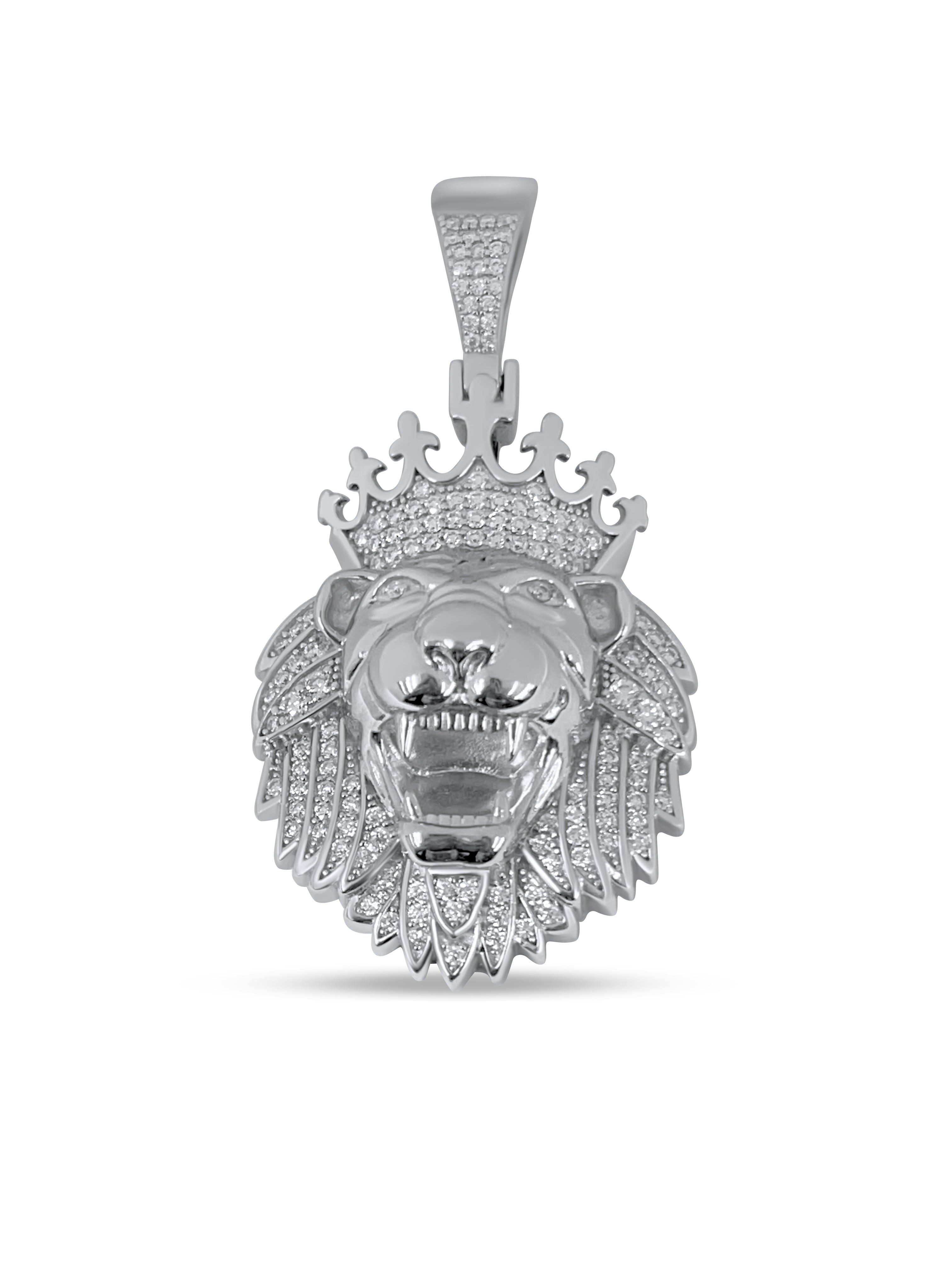 925 Sterling Silver and Moissanite Crown Lion Pendant