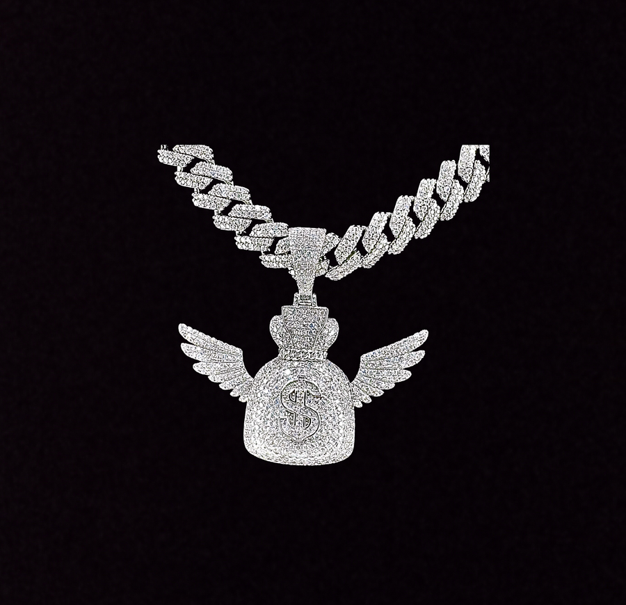 Moissanite in 925 Sterling Silver Money Angel Wings Pendant