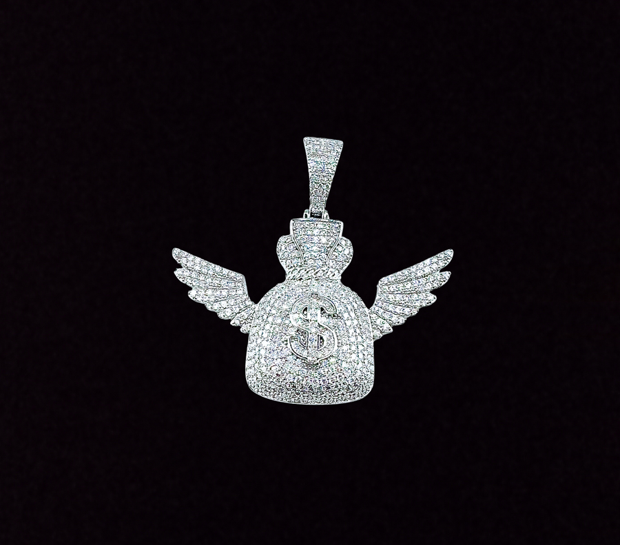 Moissanite in 925 Sterling Silver Money Angel Wings Pendant