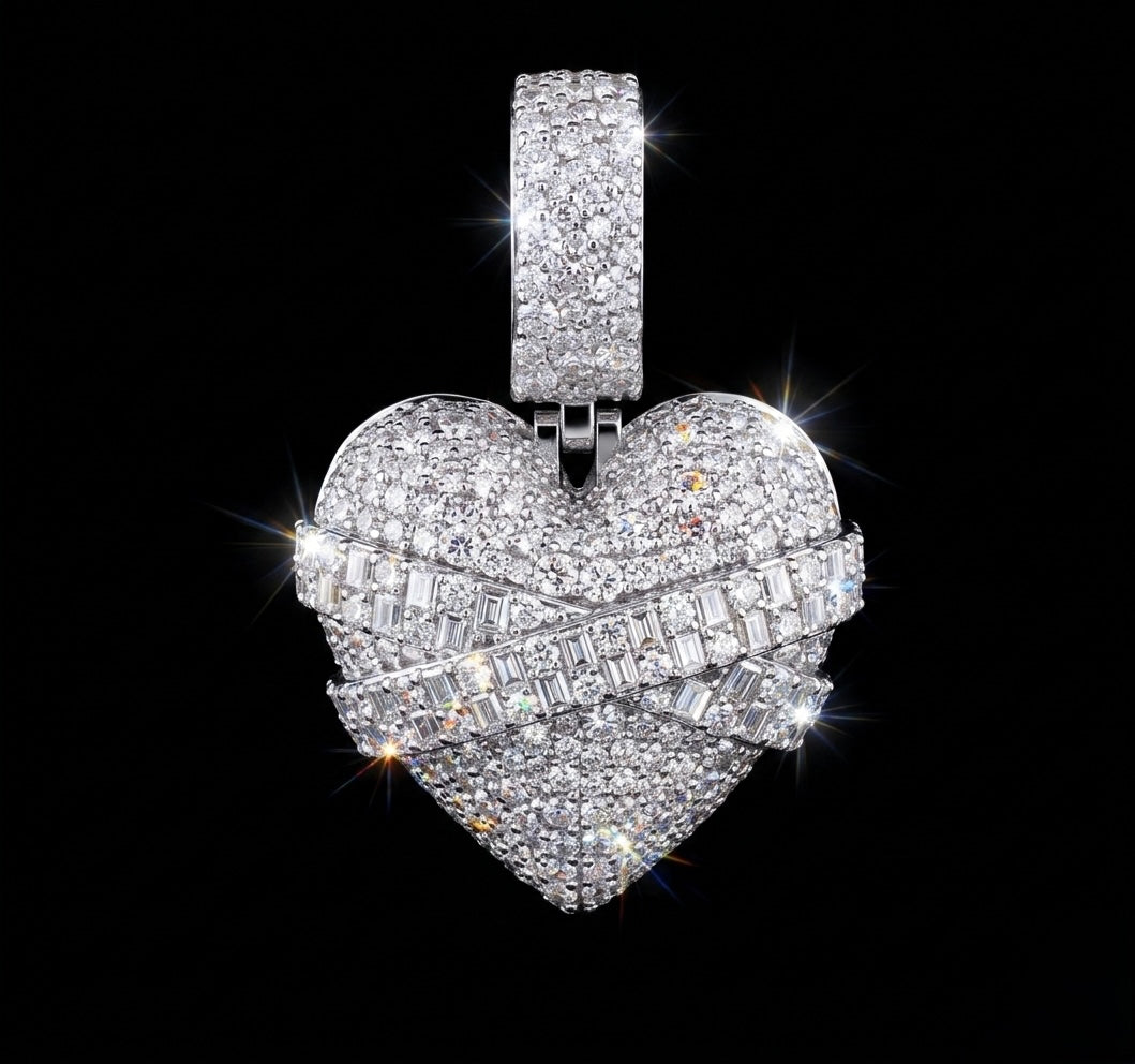 Iced out Pave and Baguette Moissanite Wrapped Heart Pendant