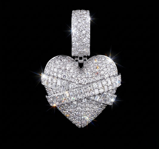 Iced out Pave and Baguette Moissanite Wrapped Heart Pendant