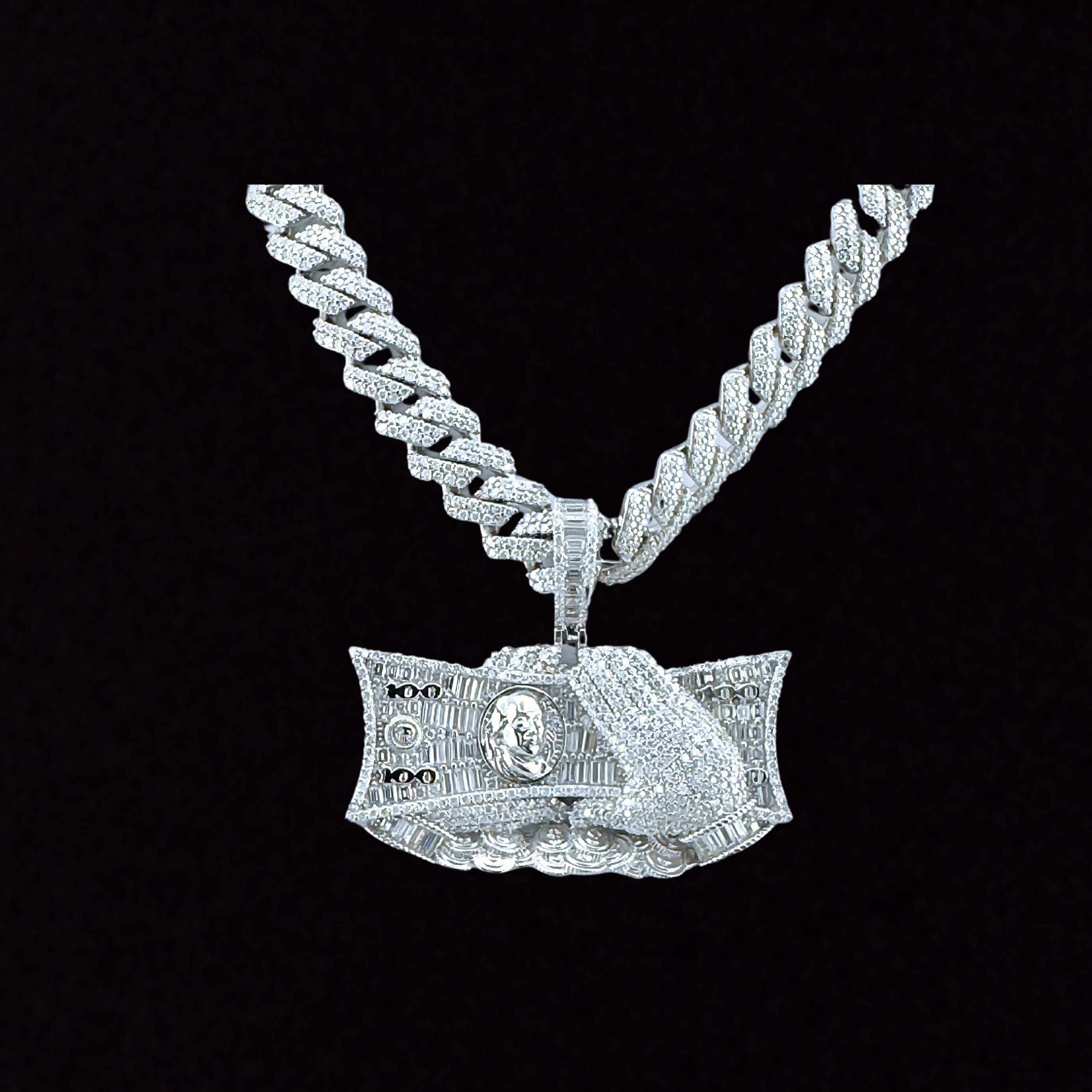 Moissanite in 925 Sterling Silver Hand Holding Dollar Bills Pendant