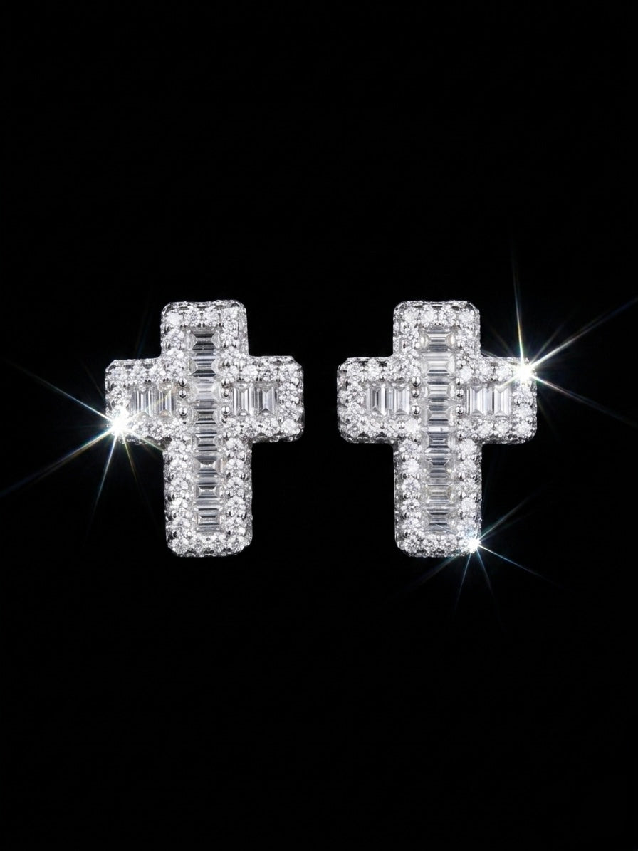 Iced Out Baguette Moissanite Cross Earrings