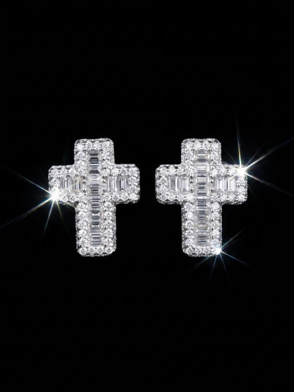Iced Out Baguette Moissanite Cross Earrings