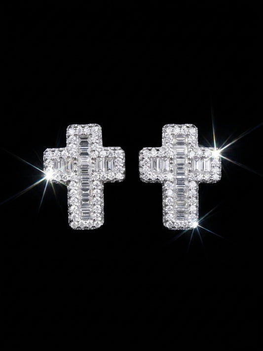 Iced Out Baguette Moissanite Cross Earrings