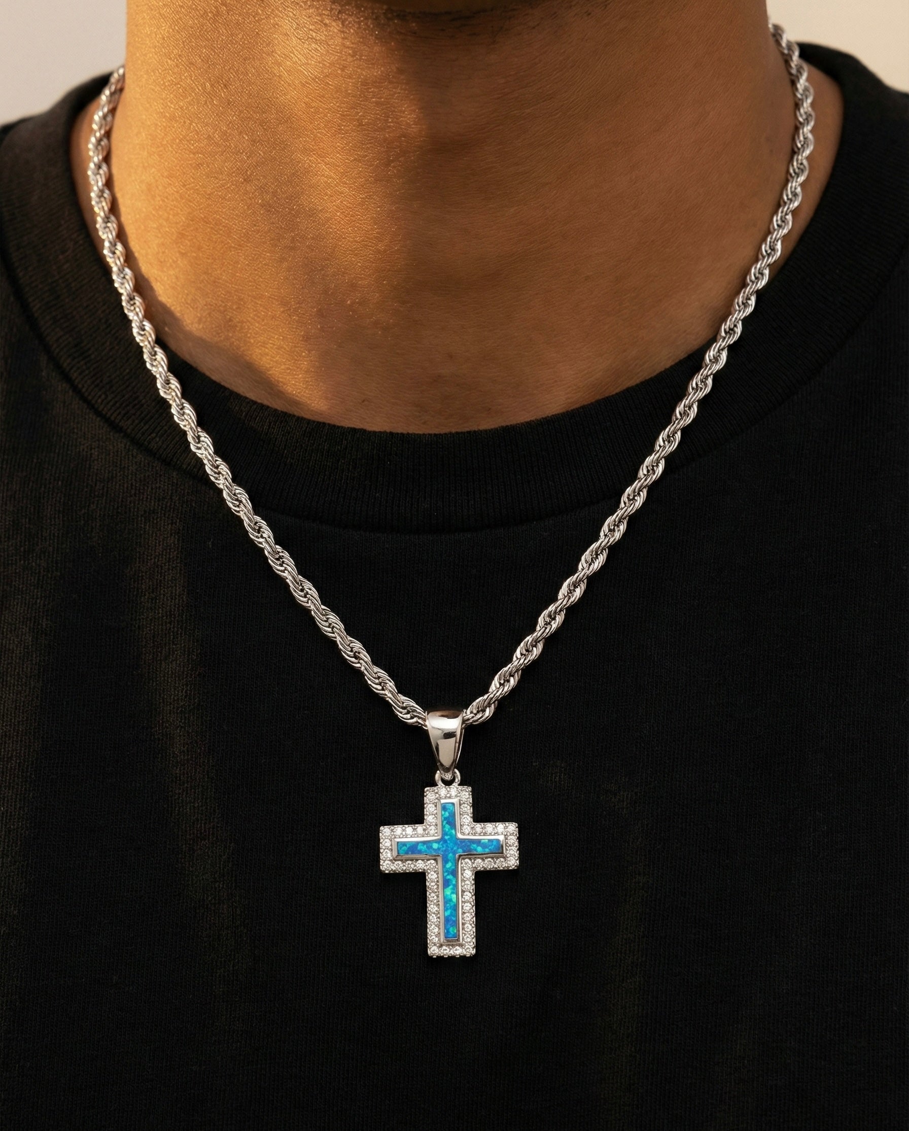 Blue Opal Inlay Cross Moissanite Pendant