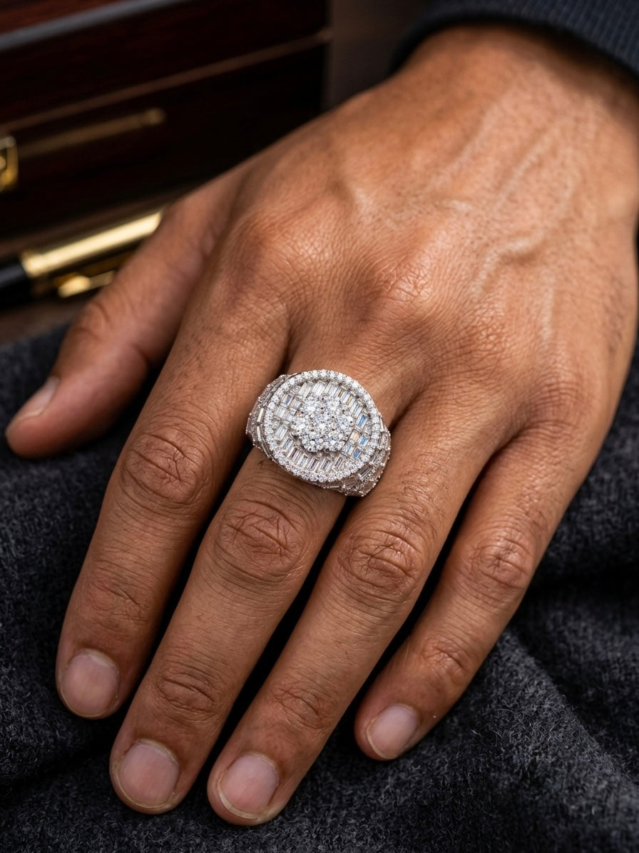 Iced Out Baguette & Round Moissanite Cluster Ring