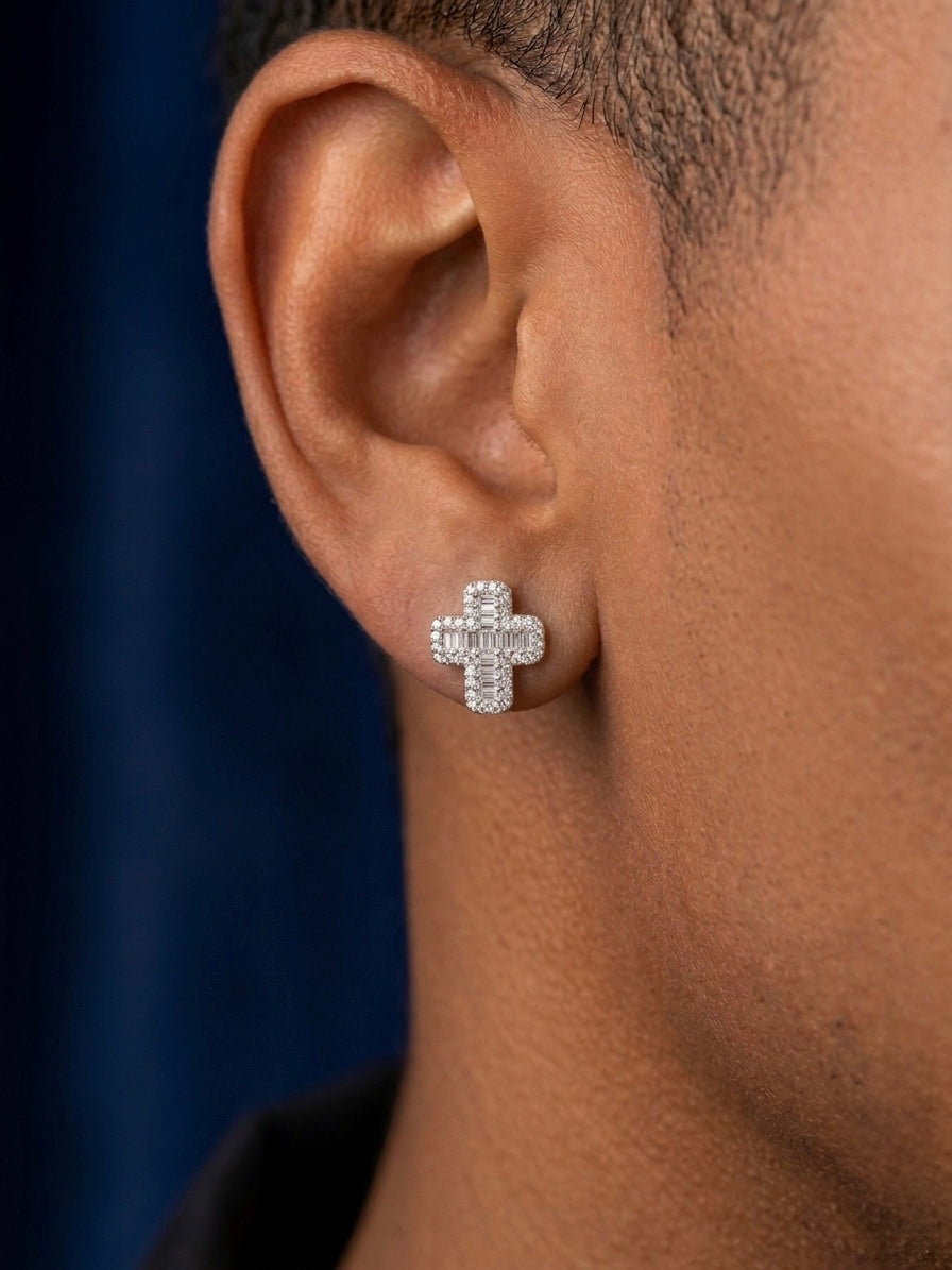 Iced Out Baguette Moissanite Cross Earrings