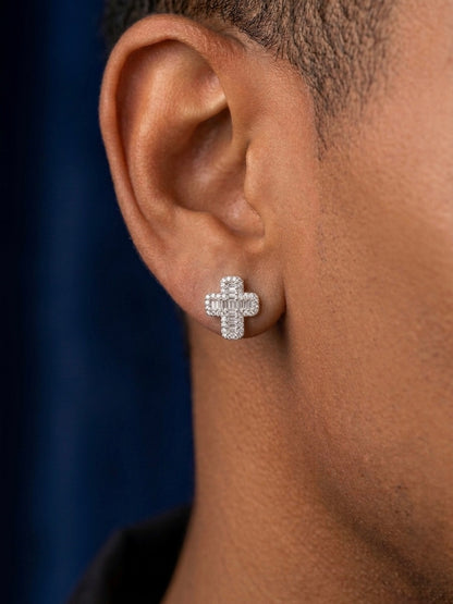 Iced Out Baguette Moissanite Cross Earrings