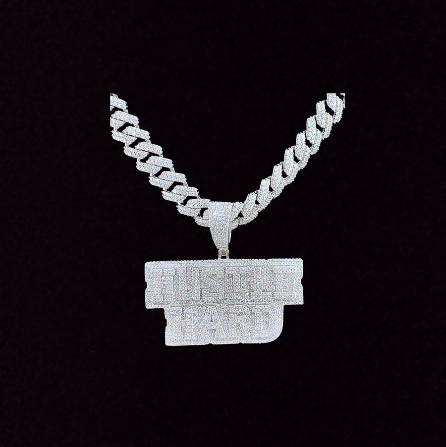925 Sterling Silver and Moissanite HUSTLE HARD Pendant