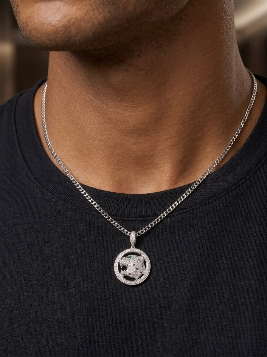 Round Halo Pavé Moissanite Green Eye Panther Leopard Pendant