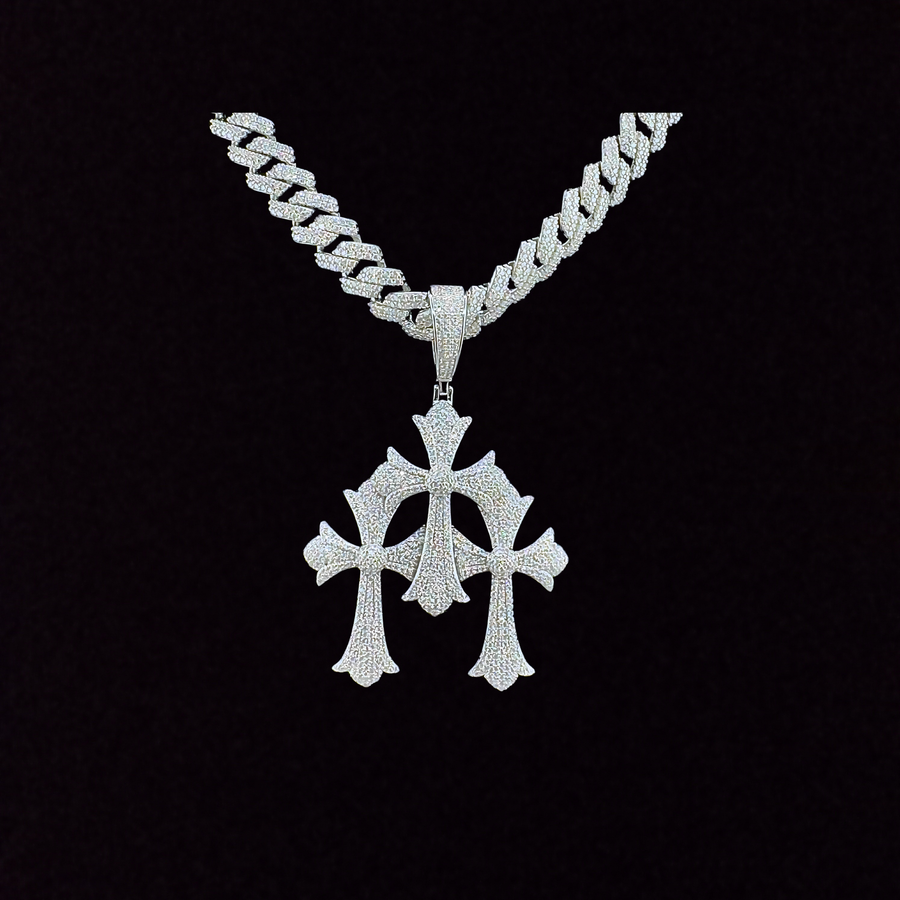 925 Sterling Silver and Moissanite Triple Cross Pendant