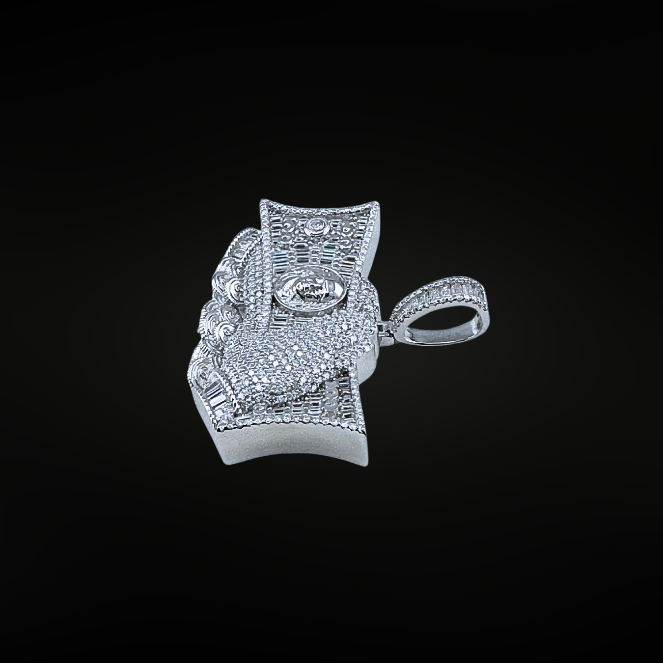 Moissanite in 925 Sterling Silver Hand Holding Dollar Bills Pendant