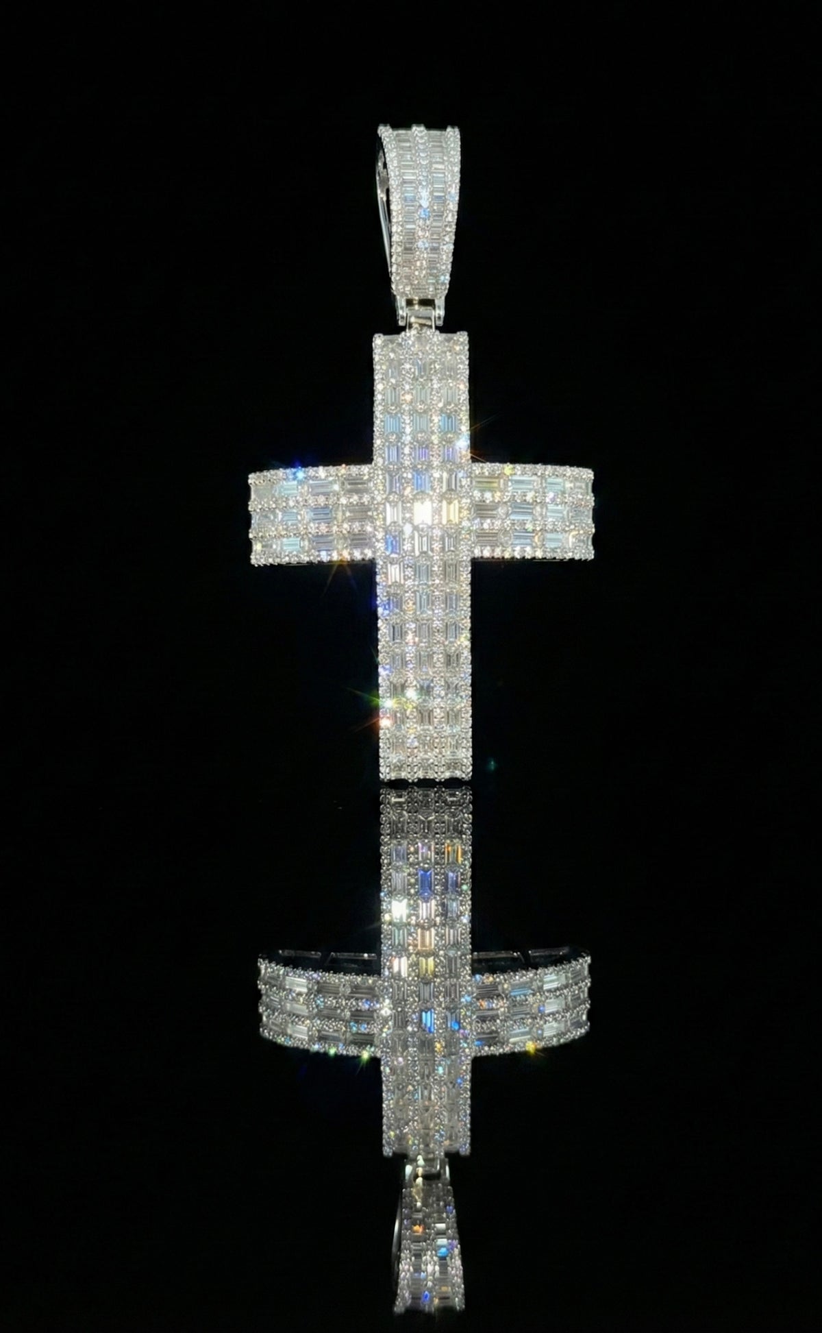 Channel Set Baguette Cross Moissanite Pendant