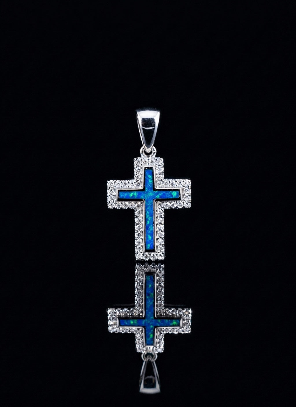 Blue Opal Inlay Cross Moissanite Pendant
