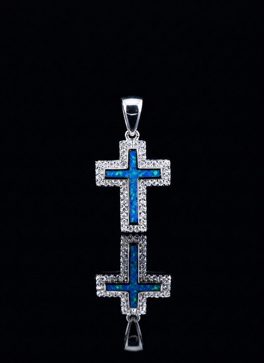 Blue Opal Inlay Cross Moissanite Pendant