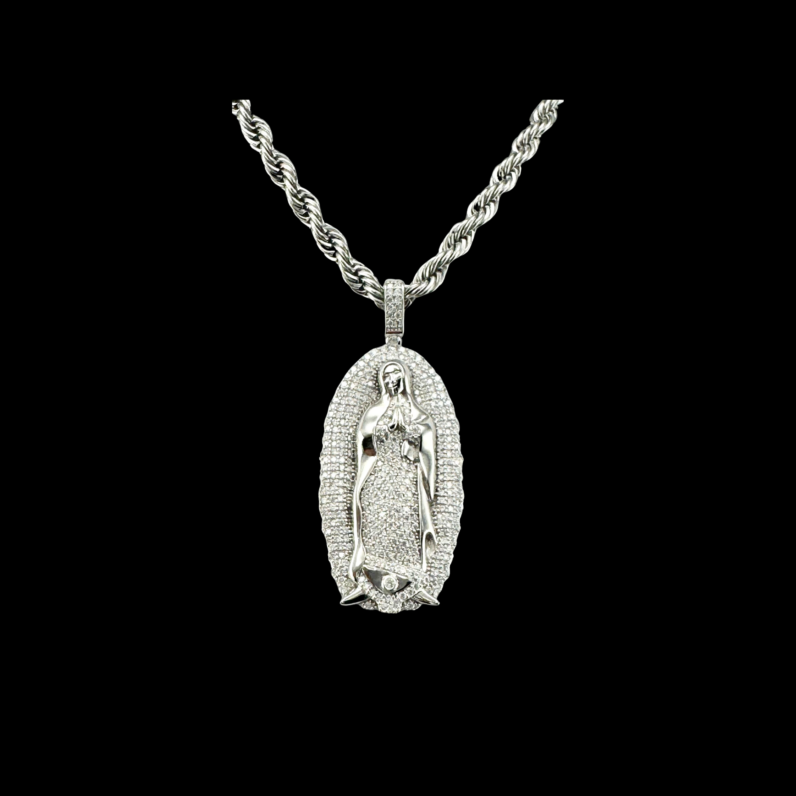 Moissanite in 925 Sterling Silver Virgin Mary Our Lady of Guadalupe Pendant