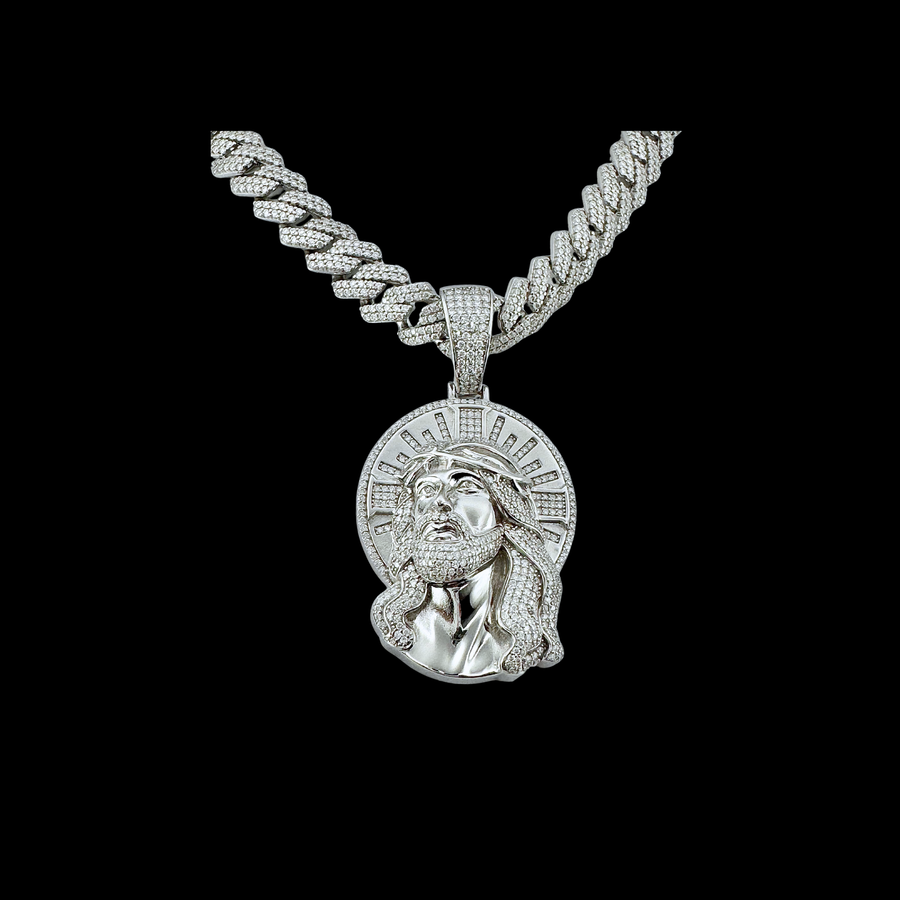 Moissanite in 18K White Gold Over Sterling Silver Jesus Head Pendant