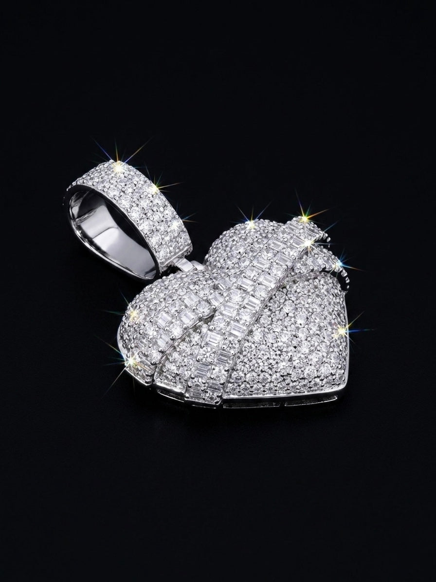 Iced out Pave and Baguette Moissanite Wrapped Heart Pendant
