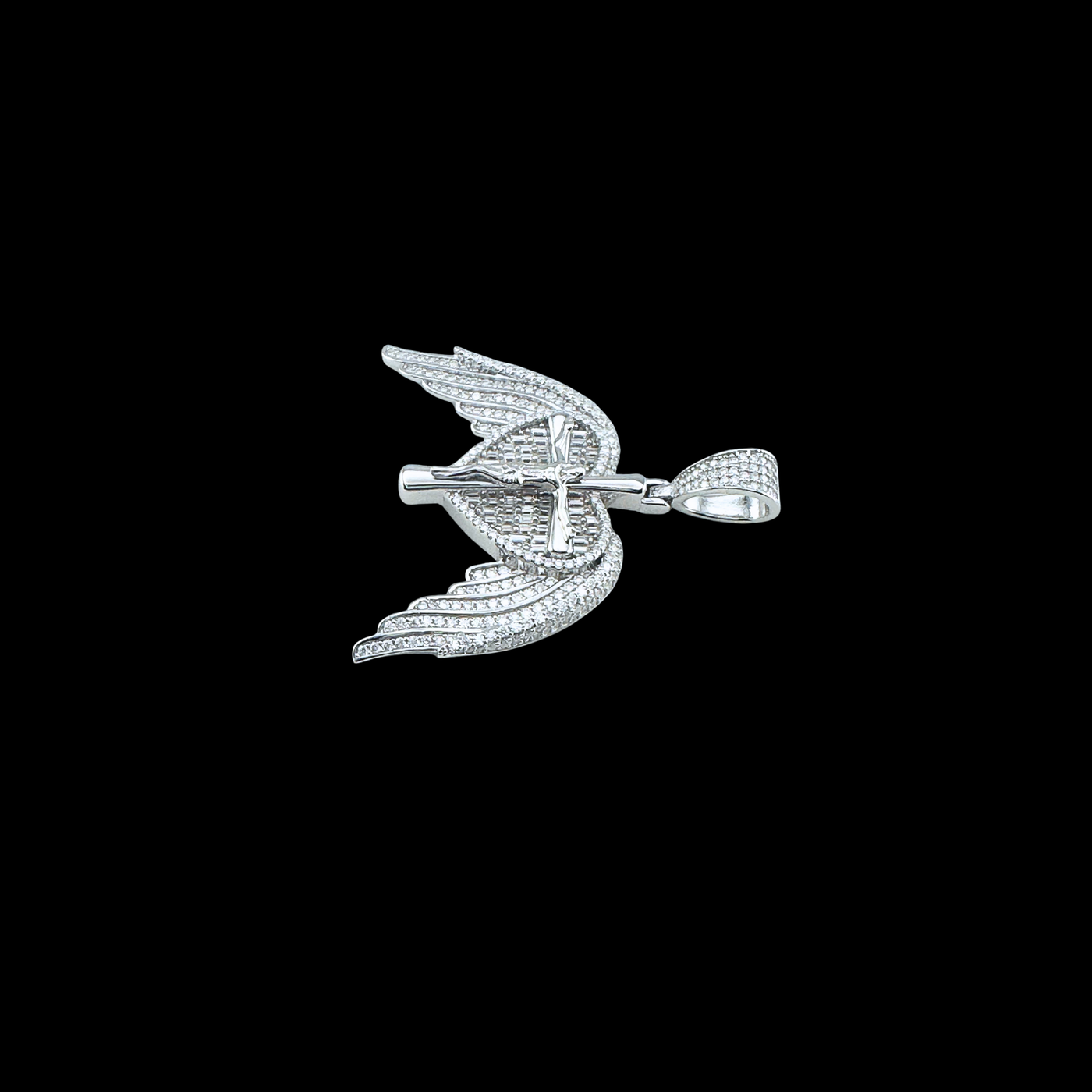 Moissanite in 18K White Gold Over Sterling Silver Heart Angel wing Crucifix Pendant