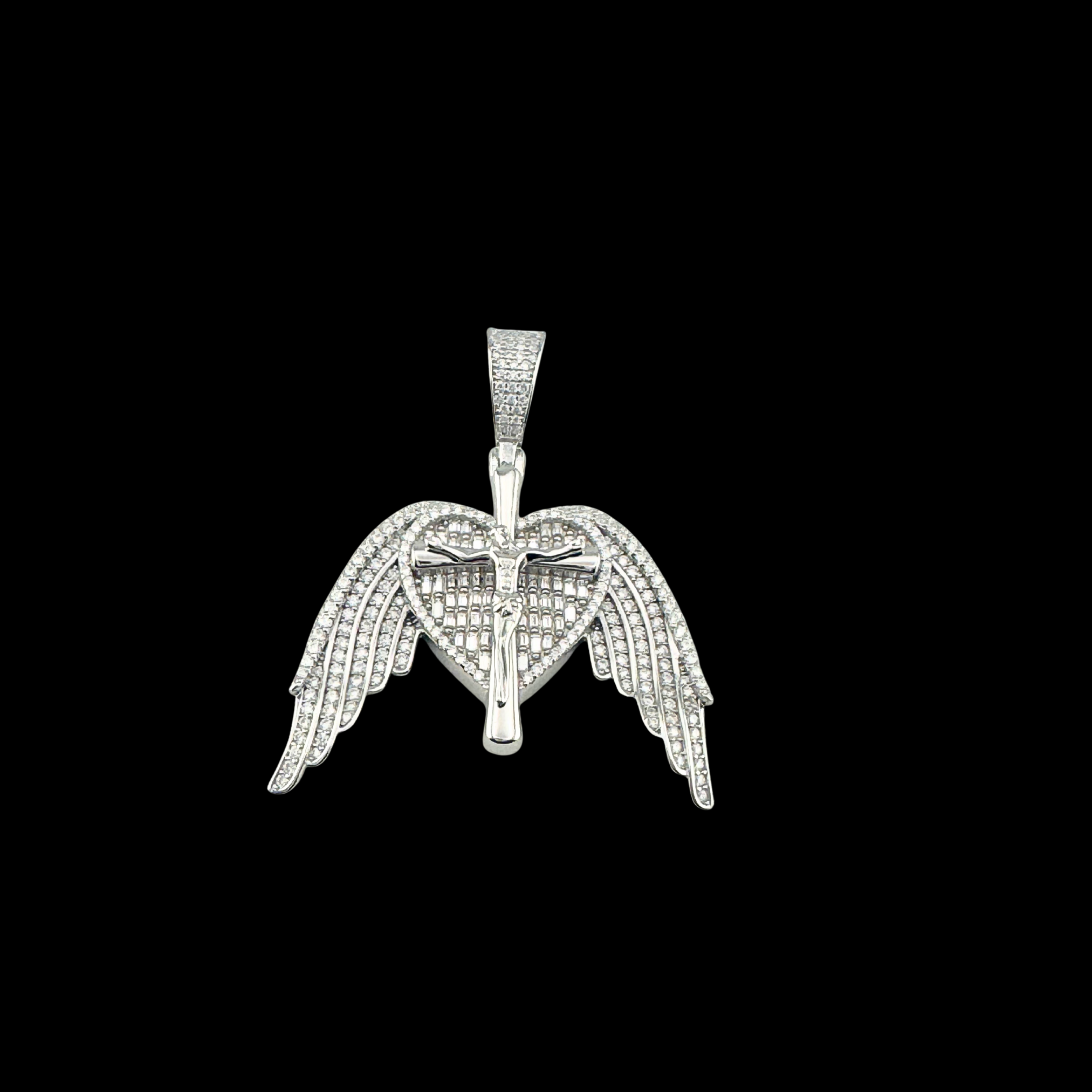 Moissanite in 18K White Gold Over Sterling Silver Heart Angel wing Crucifix Pendant
