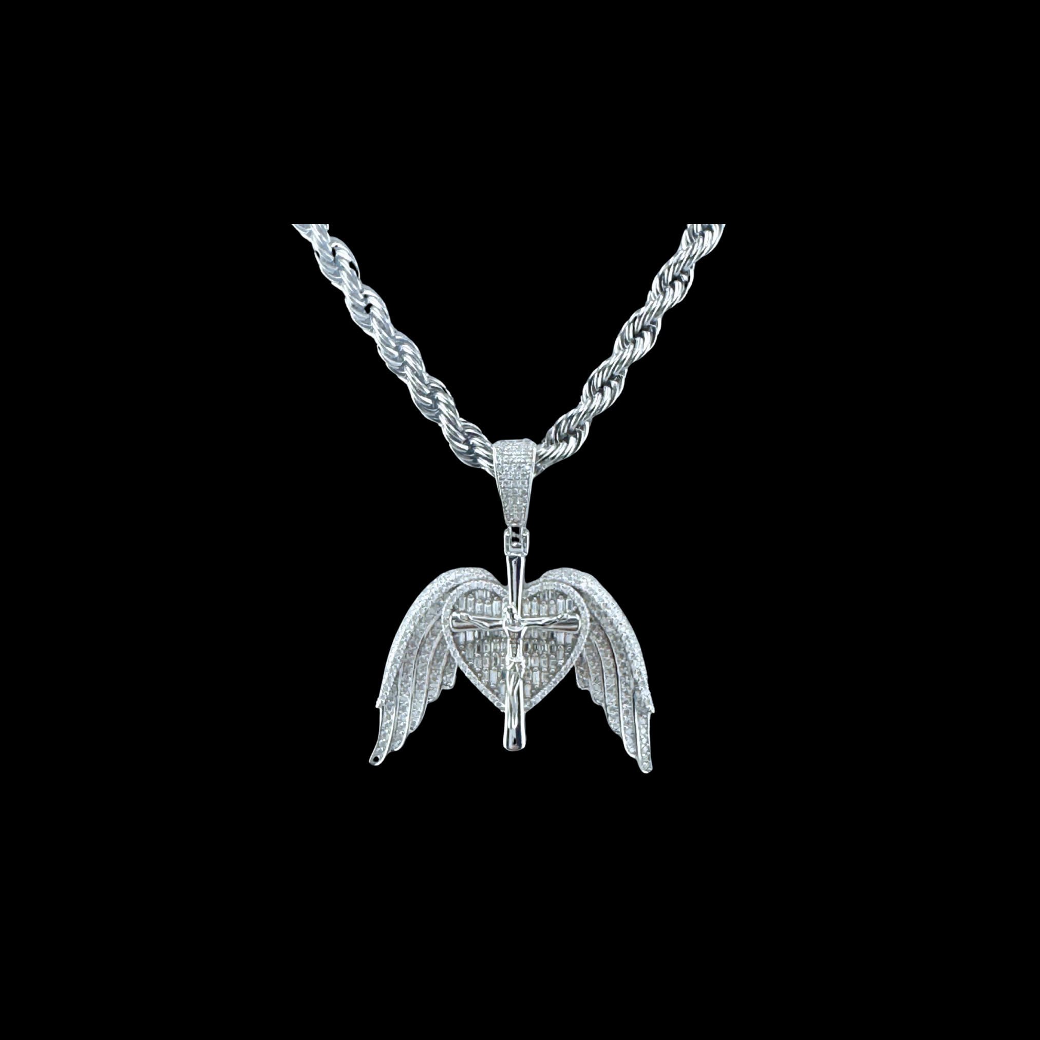 Moissanite in 18K White Gold Over Sterling Silver Heart Angel wing Crucifix Pendant