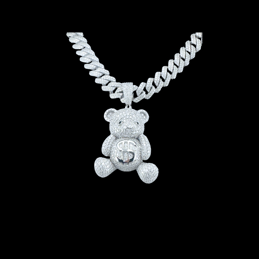 Moissanite in 18K White Gold Over Sterling Silver MoneyBag Teddy Bear Pendant