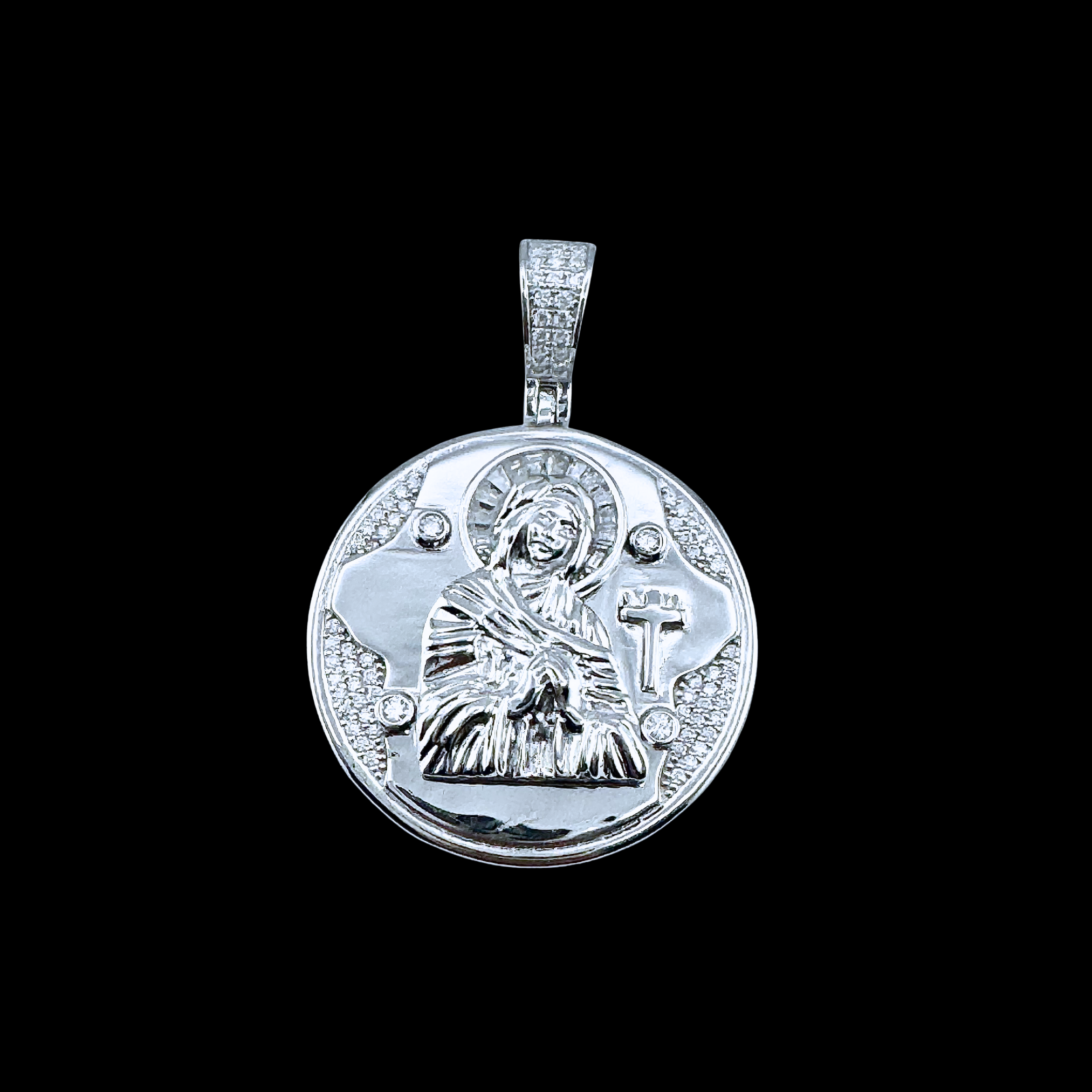 Moissanite in 18K White Gold Over Sterling Silver Virgin Mary Pendant