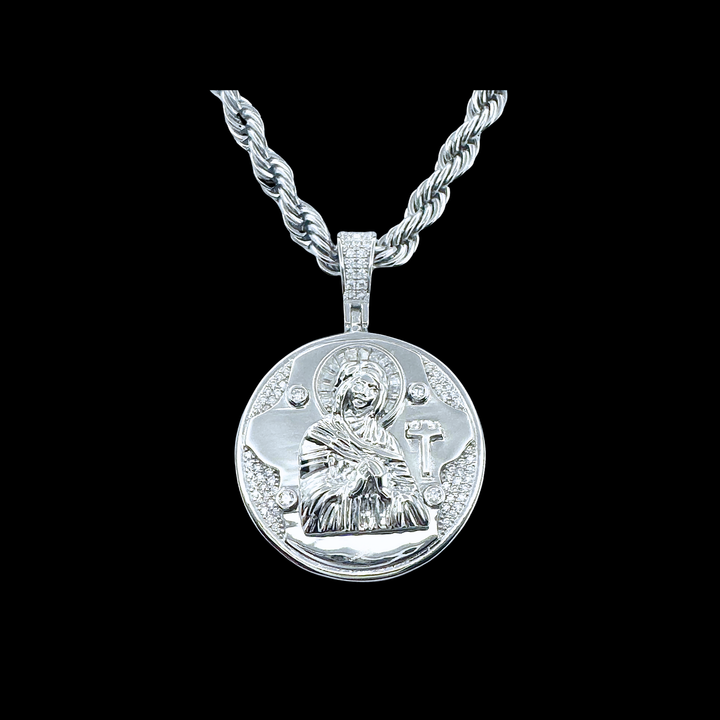 Moissanite in 18K White Gold Over Sterling Silver Virgin Mary Pendant