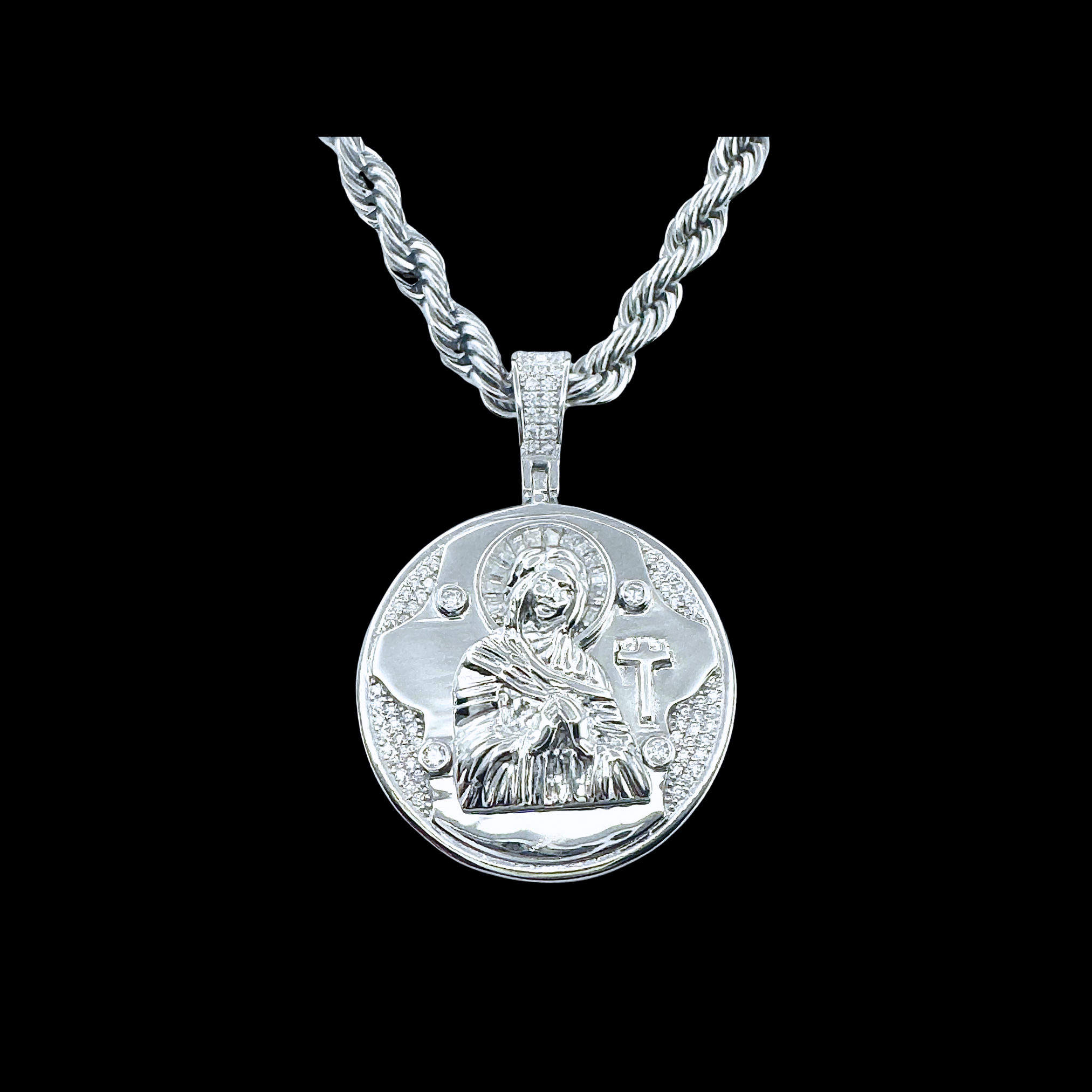 Moissanite in 18K White Gold Over Sterling Silver Virgin Mary Pendant
