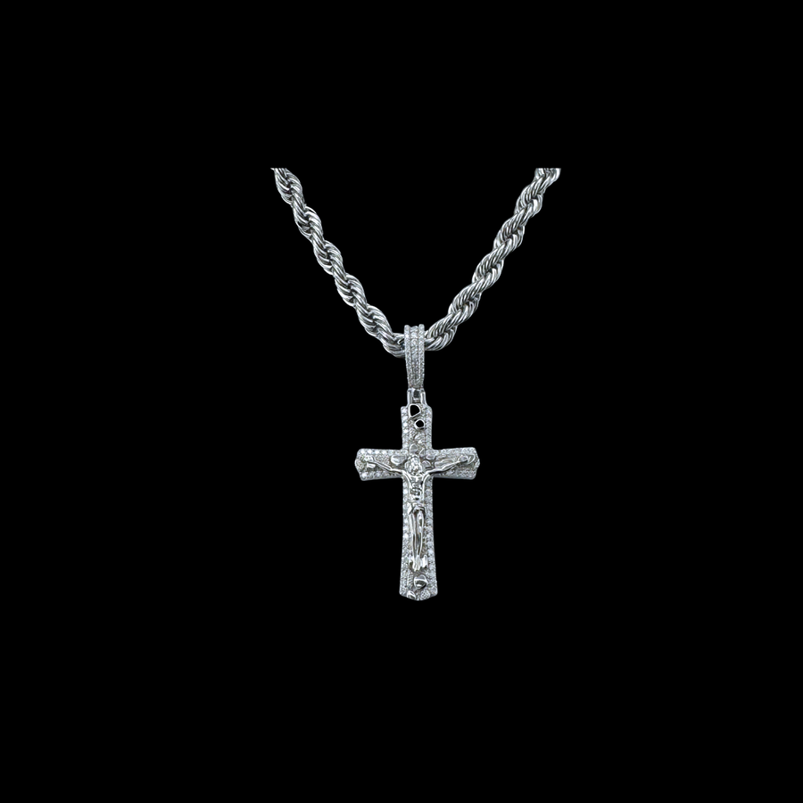 Moissanite in 18K White Gold Over Sterling Silver Nugget Cross Crucifix Pendant