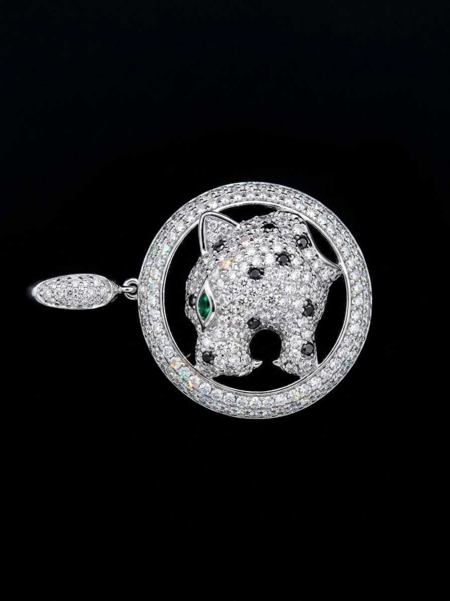 Round Halo Pavé Moissanite Green Eye Panther Leopard Pendant