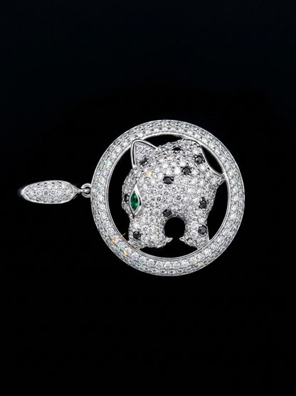 Round Halo Pavé Moissanite Green Eye Panther Leopard Pendant