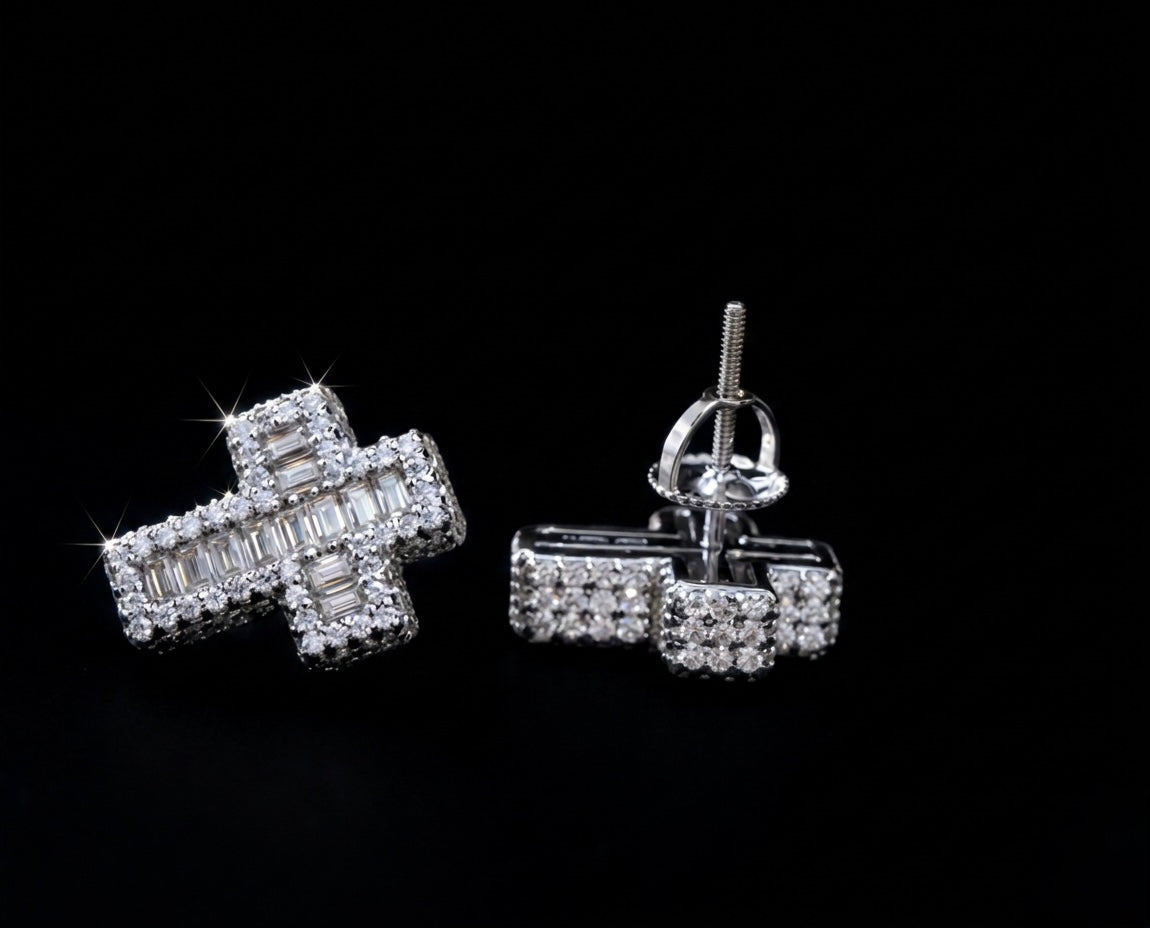 Iced Out Baguette Moissanite Cross Earrings