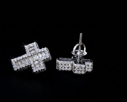 Iced Out Baguette Moissanite Cross Earrings