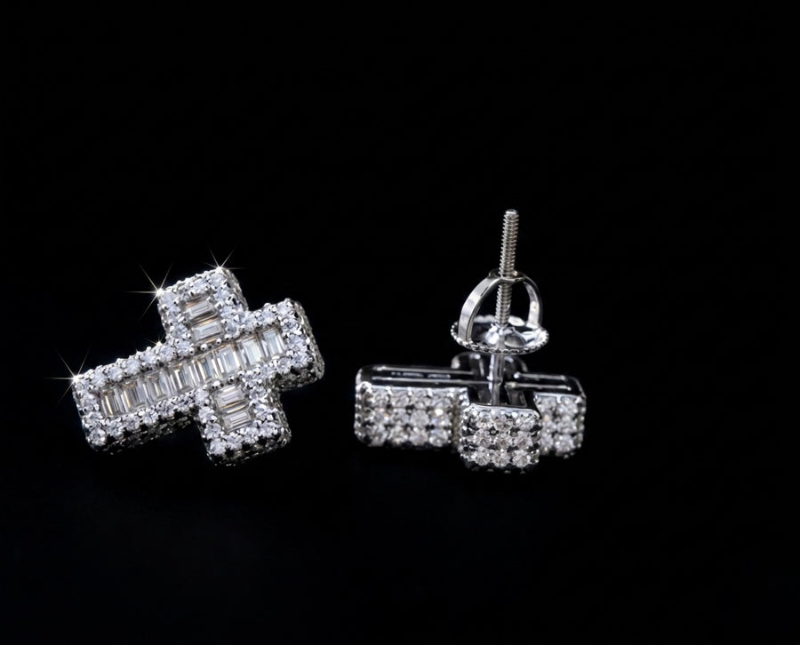 Iced Out Baguette Moissanite Cross Earrings
