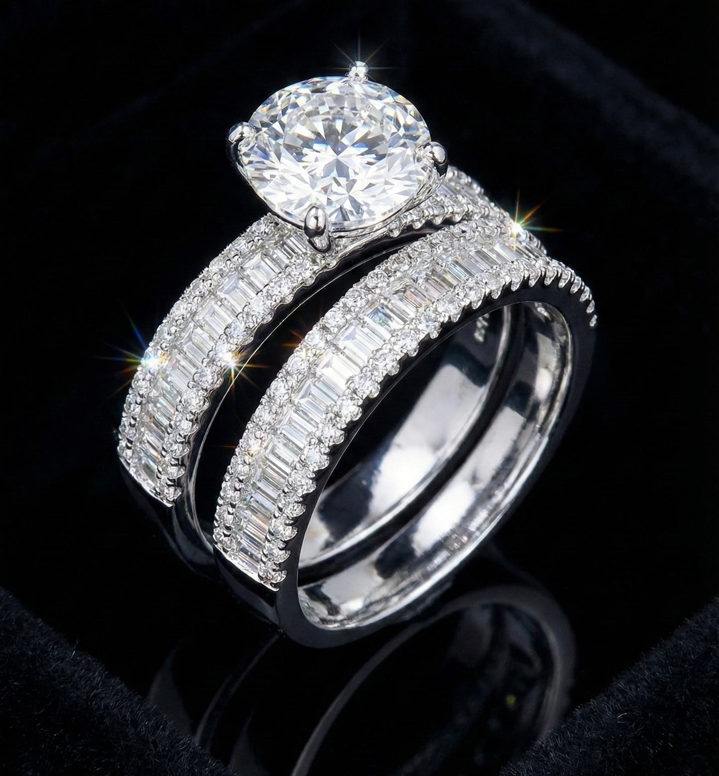 Moissanite BaguetteWedding Rings Duo Set