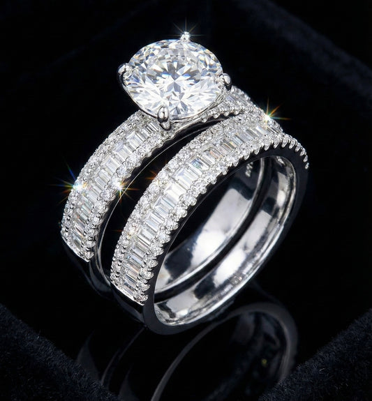 Moissanite BaguetteWedding Rings Duo Set