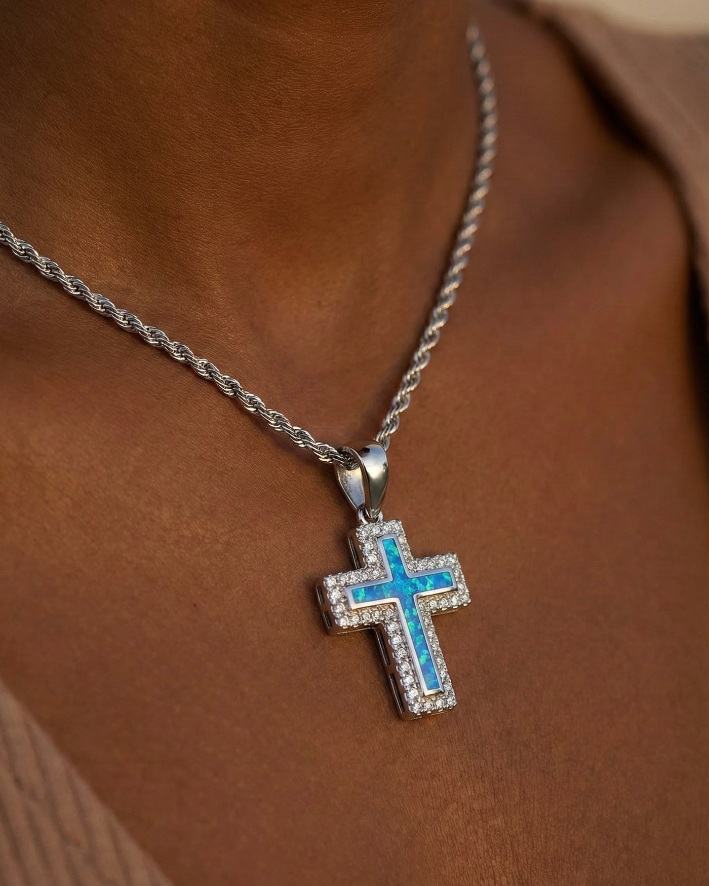 Blue Opal Inlay Cross Moissanite Pendant