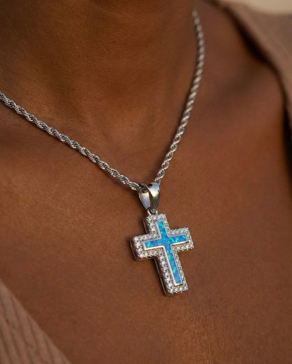 Blue Opal Inlay Cross Moissanite Pendant