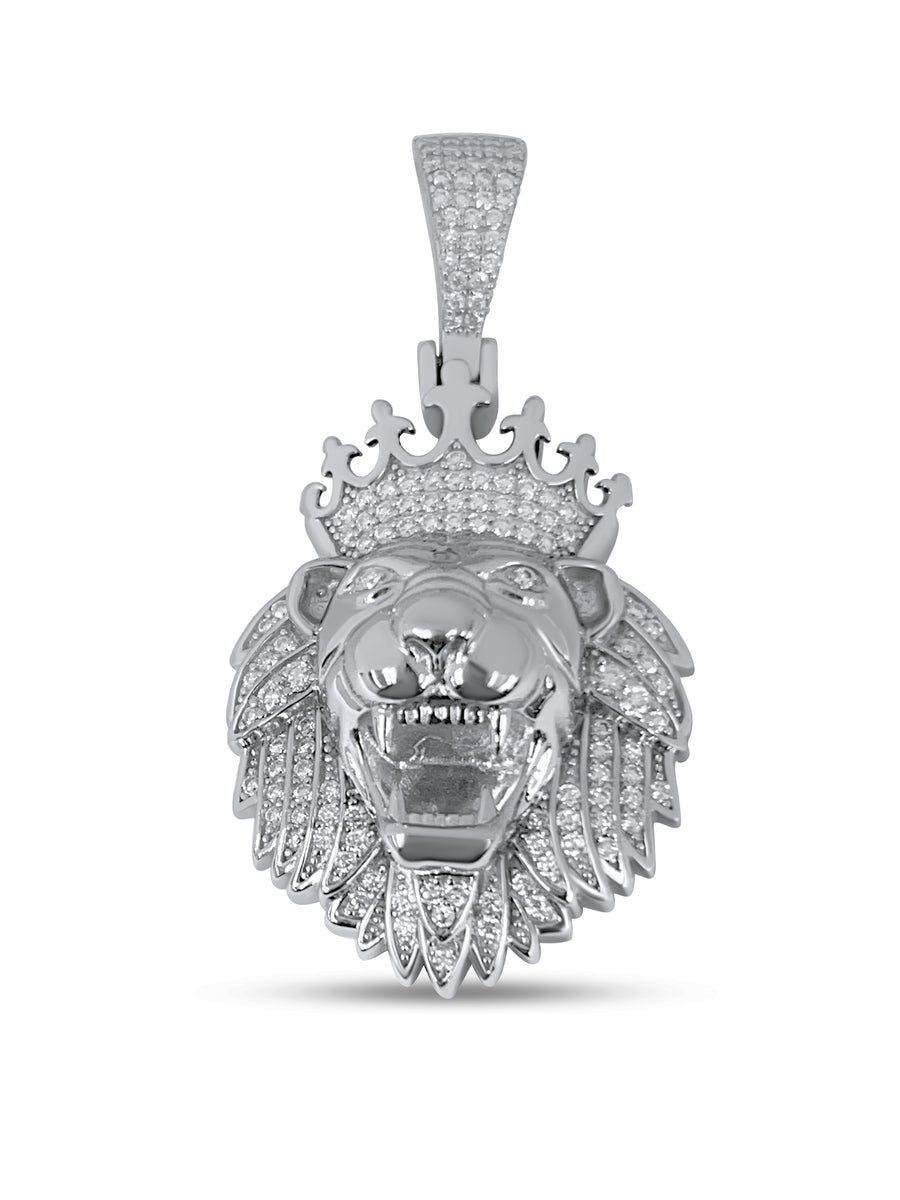 925 Sterling Silver and Moissanite Crown Lion Pendant