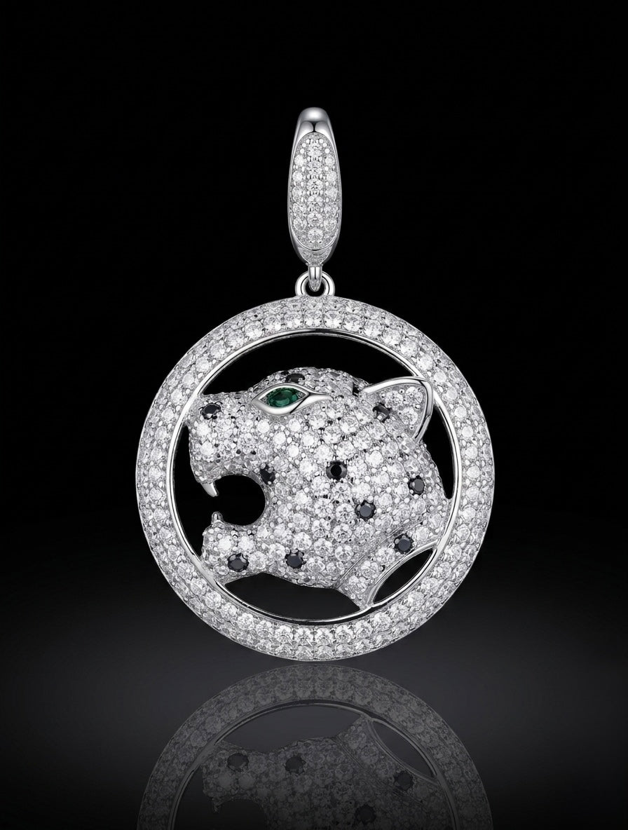 Round Halo Pavé Moissanite Green Eye Panther Leopard Pendant