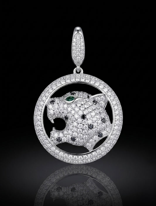 Round Halo Pavé Moissanite Green Eye Panther Leopard Pendant
